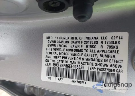 2014 Honda Civic Lx z USA, uszkodzony, nr VIN 19XFB2F56EE025339